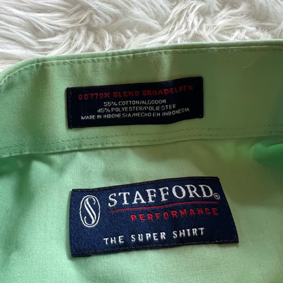 Stafford Mens The Super Dress Shirt Green Classic Fit Collared Pocket 15 34/35 - Picture 5 of 6